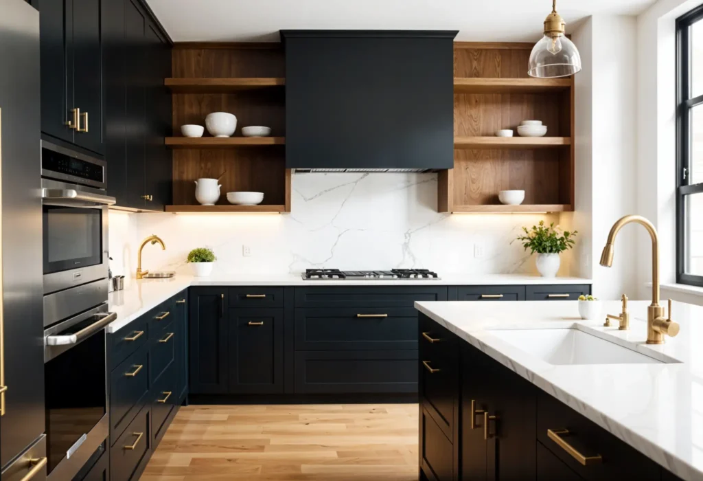 Styling Modern Black Kitchen Cabinets With Brass Accents