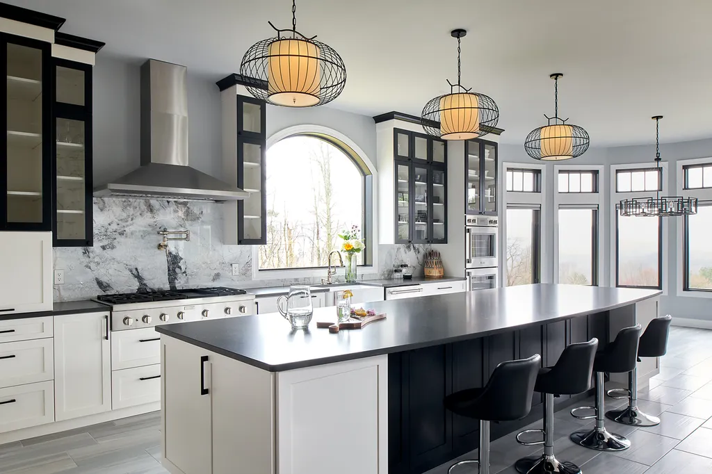 Modern Black Kitchen Cabinets With Statement Lighting